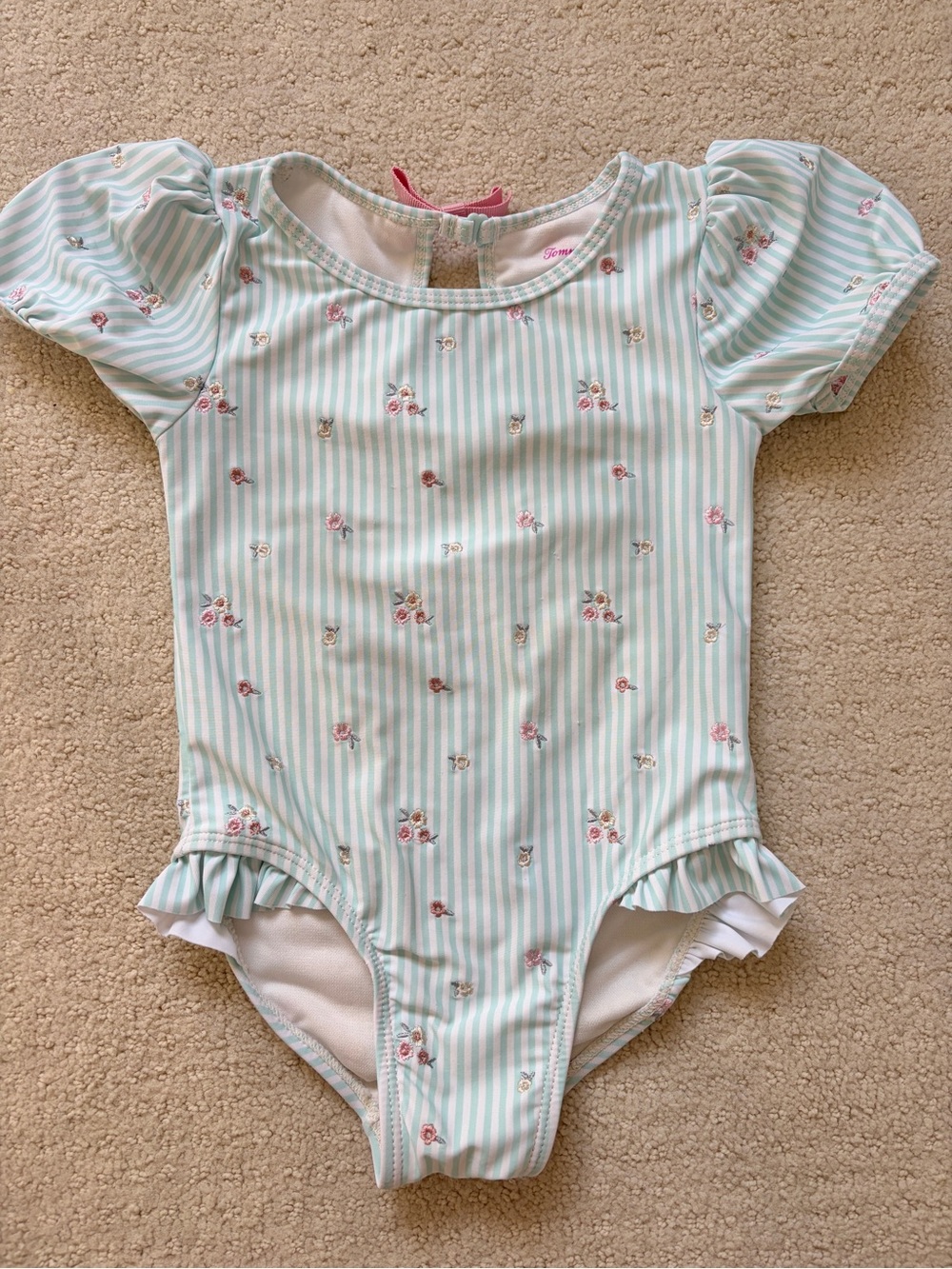 Tommy Bahama Pinstripe Floral Toddler Swimsuit with Puff Sleeves
